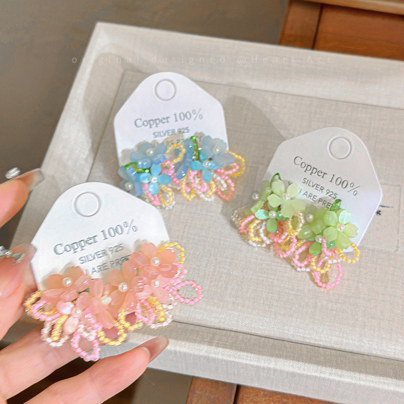 度假风彩色串珠花朵耳钉女甜美多巴胺高颜值耳环超仙森系气质耳饰