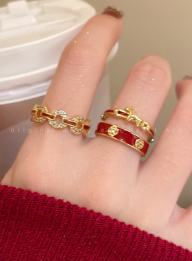 红色滴釉小马开口戒指女款小众独特设计高级感食指戒金色铜钱指环