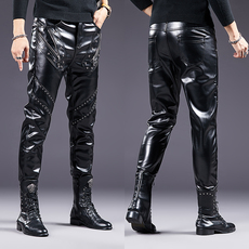 Кожаные брюки 韩版修身男士皮裤铆钉拉链摩托车保暖防风男皮裤加绒小脚裤潮裤子 Others