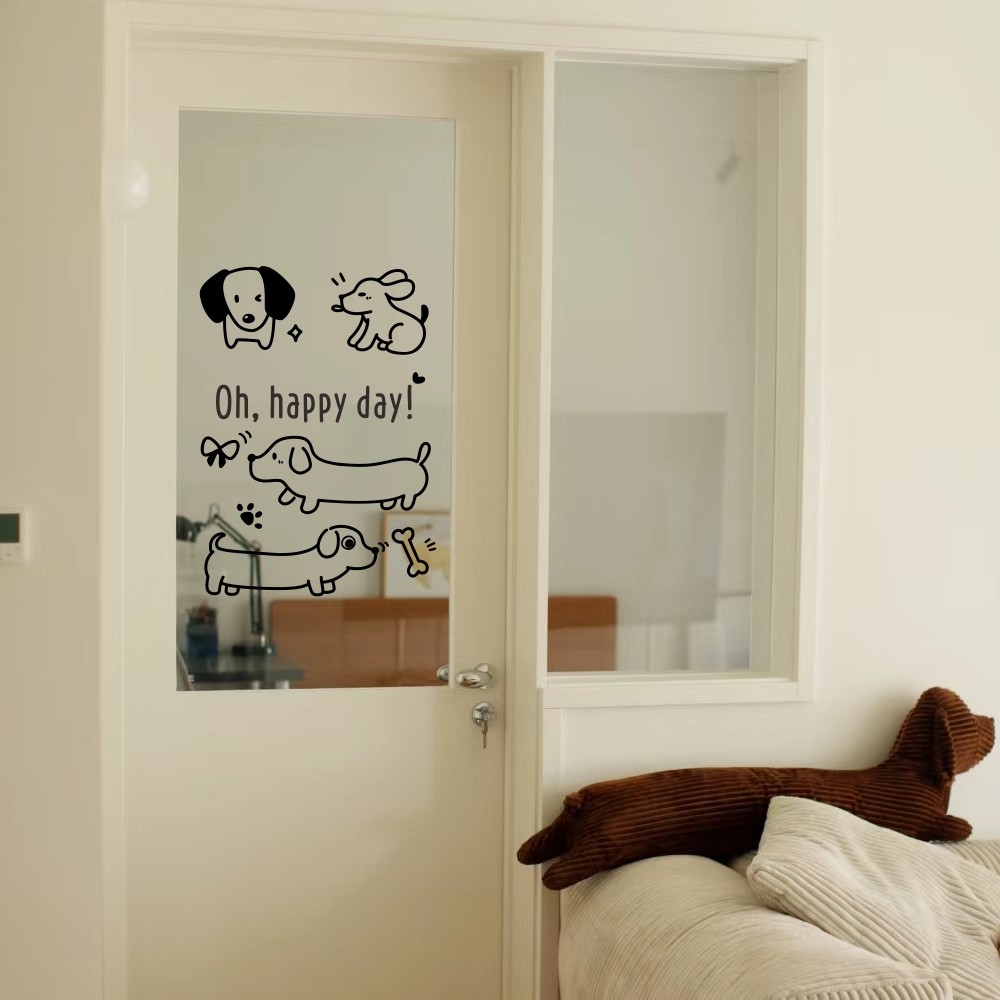 happy day愉快的一天英文超萌腊肠狗狗卡通墙贴镜子玻璃门DIY贴纸,淘宝优惠券,粉丝福利购,淘宝优惠卷