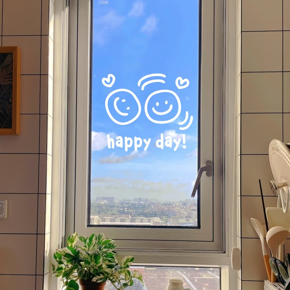 一对可爱笑脸happy day创意玻璃门橱窗镜子窗户装饰贴纸 可定制,淘宝优惠券,粉丝福利购,淘宝优惠卷