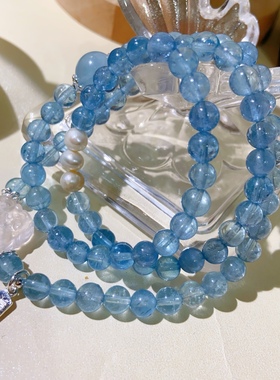 【碧海星辰】天然海蓝宝手链三圈白水晶手串送女友礼物五行可定制