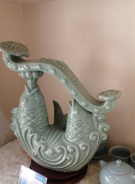 原产地汝州汝瓷摆件鱼如意豆绿釉送礼高端礼品