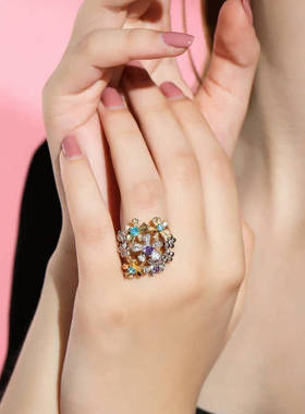 YINGBOO S925银 原创设计 花团锦簇蜜蜂花瓣彩钻戒指指环 套装女