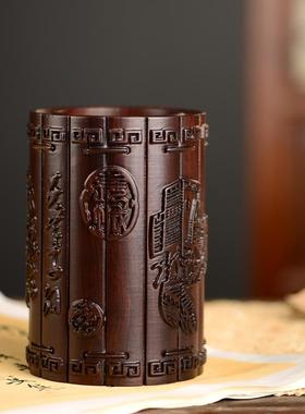 黑檀木雕中华民族笔筒工艺品办公室书桌家居客厅木质笔筒摆件送礼