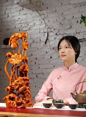 花梨木雕刻年年有鱼根雕荷花动物摆件红木家居装饰工艺品乔迁送礼