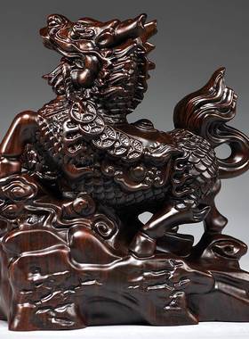 黑檀木雕麒麟摆件一对木头家用家居玄关桌面装饰品开业送礼工艺品