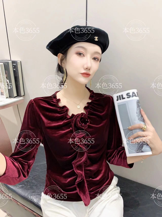 本色服饰3655秋冬季款轻奢金丝绒V领七分袖时尚百搭打底短女衫