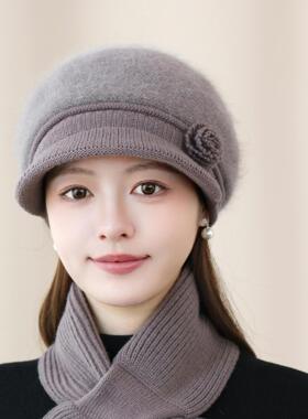 女士兔毛针织帽冬季保暖妈妈帽优雅短檐贝雷帽加绒护耳老人帽子女
