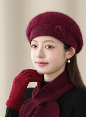 春秋冬针织帽贝雷帽女英伦风户外保暖毛线帽女中老年妈妈帽时尚帽