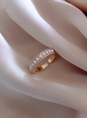 925银戒指女珍珠镶钻粗边气质14k