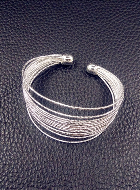 925纯银手镯女半银多线圈环多层活口开口银镯子手环生日礼物饰品