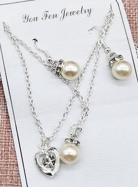 D117C珍珠水钻耳环项链四件套+12起欧美简约锁骨时尚礼服晚宴配饰