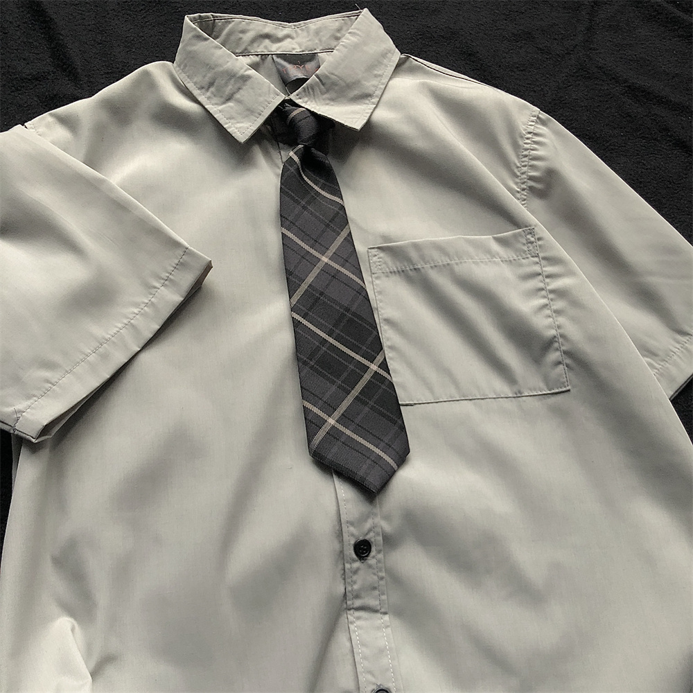 夏季灰色纯色短袖衬衣加领带复古衬衫女港风大码衣服男生学院风男