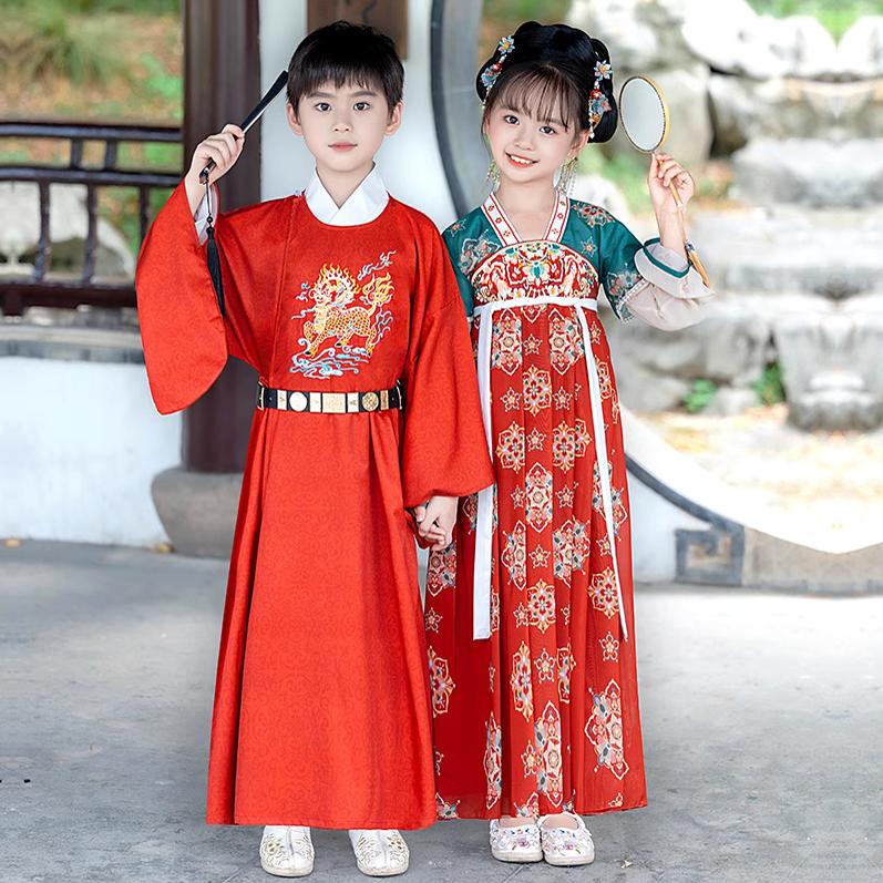 儿童古装宋制男女童学生古诗朗诵合唱服襦裙女孩超仙红色喜庆汉服