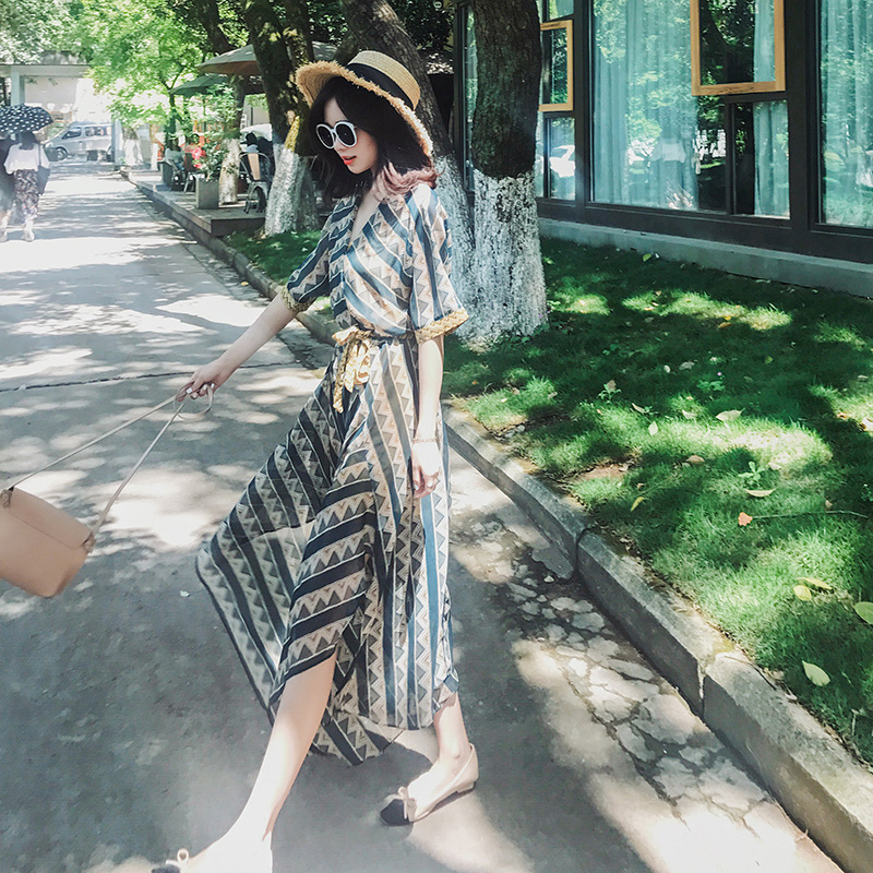 欧洲站女装欧货潮夏装2023新款海边度假波西米亚超仙雪纺连衣裙女
