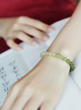 天然渐变色晴水和田玉手串女青海料冰底高冰青白玉珠子手链