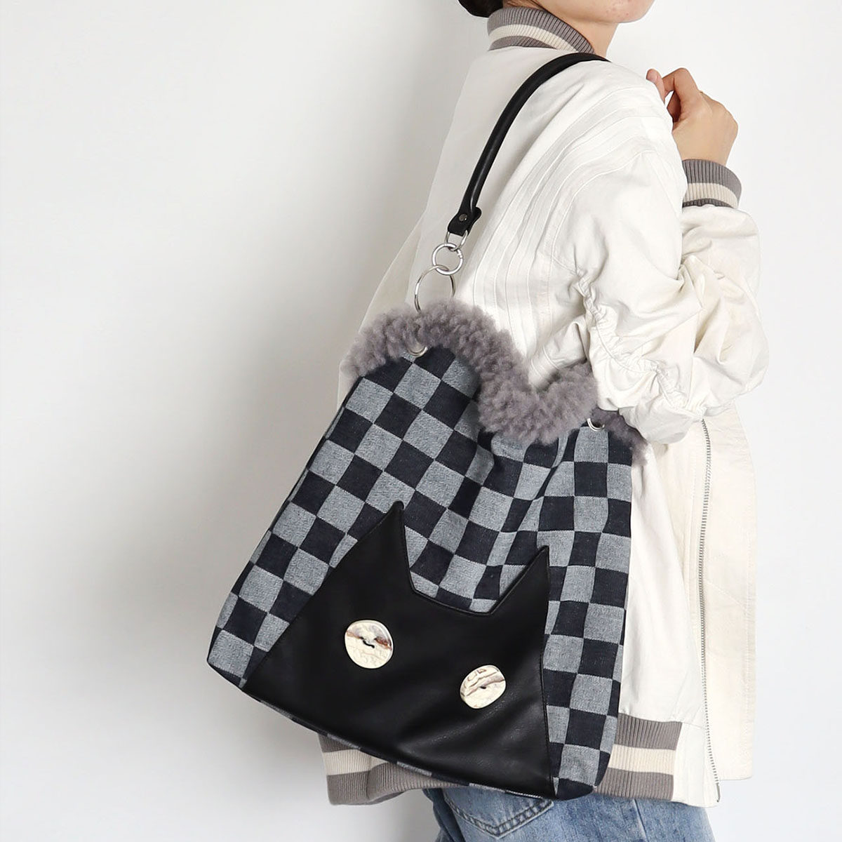苏小塔原创 猫咪格子托特包包女可爱百搭小众大容量毛绒边单肩包,淘宝优惠券,粉丝福利购,淘宝优惠卷