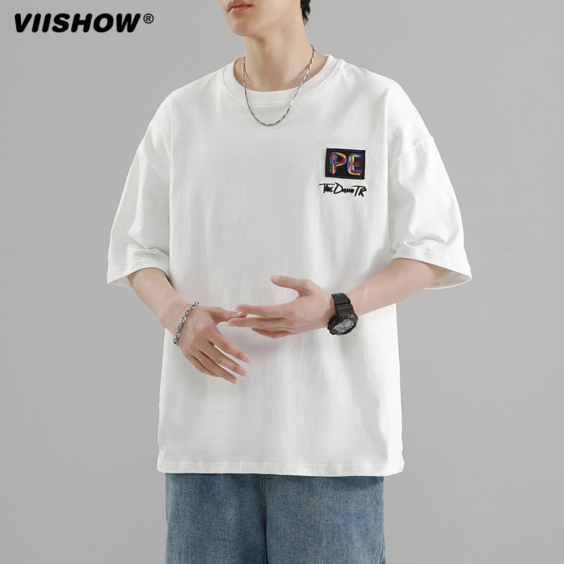 VIISHOW2024夏季新款潮牌重磅纯棉宽松型透气短袖圆领白色时尚T恤 - 图0