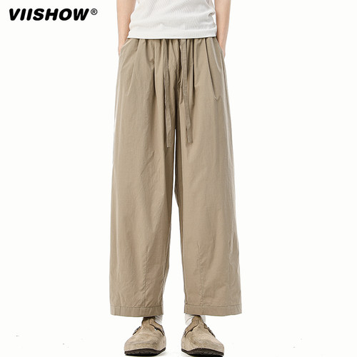 VIISHOW日系褶皱九分裤男夏季薄款宽松纯棉慵懒风百搭直筒休闲裤 - 图3