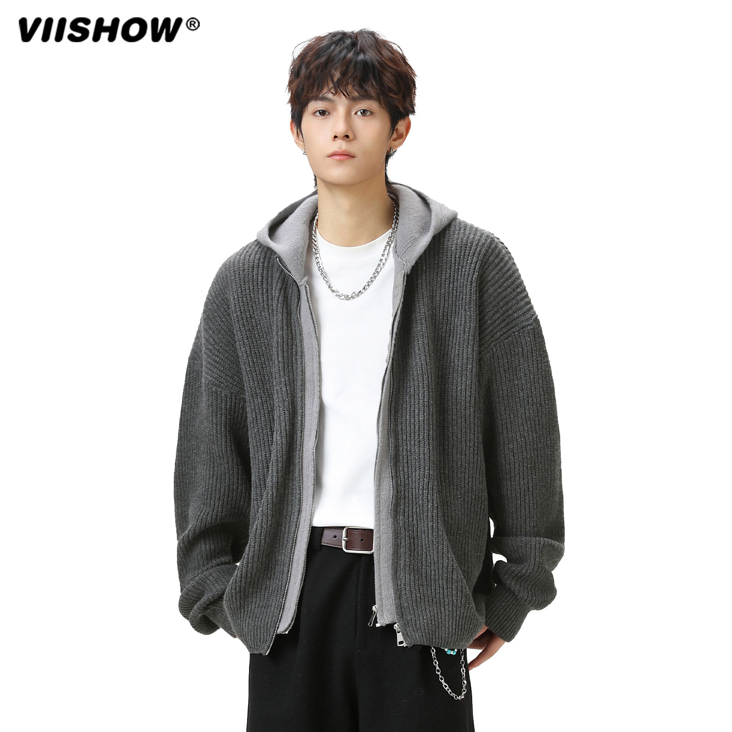 VIISHOW重磅连帽针织开衫男秋秋季美式复古慵懒拉链毛衣外套上衣,淘宝优惠券,粉丝福利购,淘宝优惠卷
