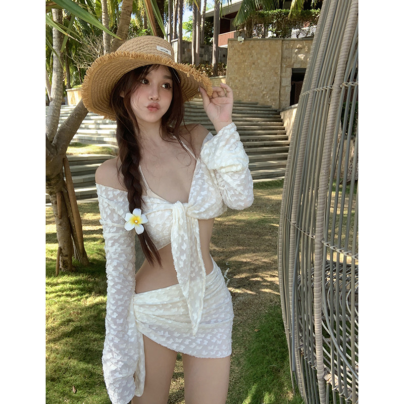 纯欲风比基尼四件套甜心辣妹分体泳衣女小胸显瘦长袖遮肉高级感,淘宝优惠券,粉丝福利购,淘宝优惠卷