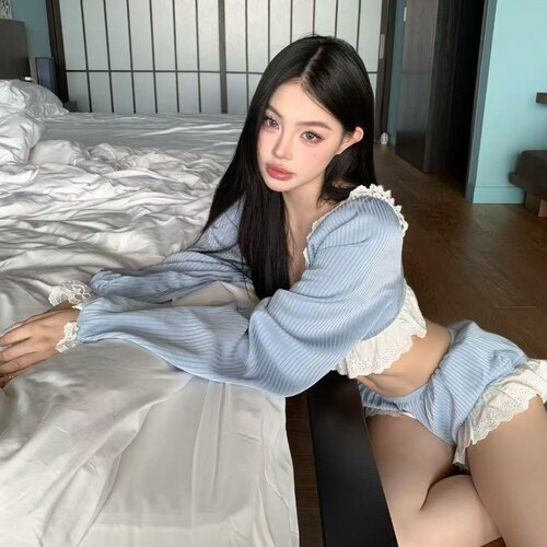 新款分体比基尼泳衣女长袖蕾丝边性感纯欲辣妹海岛度假温泉高级感 - 图0