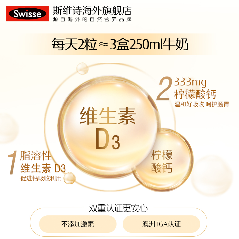 swisse斯维诗海外旗舰店热巴同款Swisse斯维诗柠檬酸钙片娘娘钙+维生素D孕妇中老年补钙3