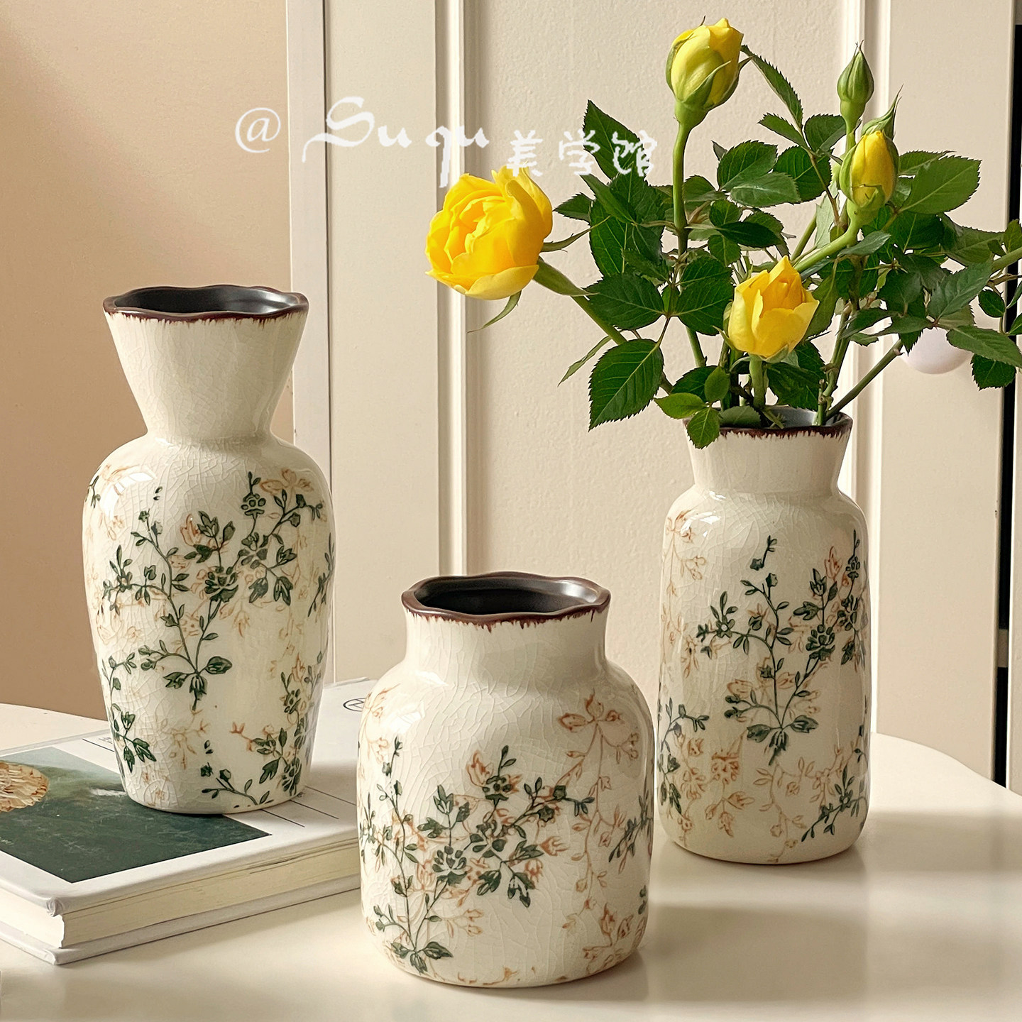 复古陶瓷小花瓶繁花冰裂纹水养插花客厅民宿书房装饰摆件美式乡村,淘宝优惠券,粉丝福利购,淘宝优惠卷