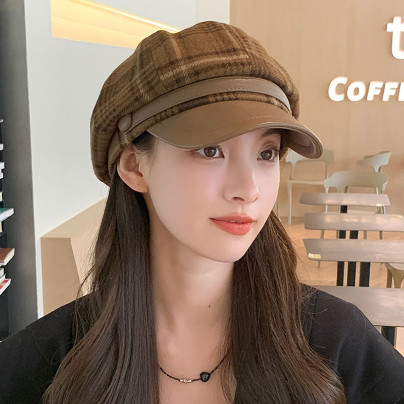2024韩版格子八角帽贝雷帽子女春秋季报童帽网红时尚鸭舌帽画家帽,淘宝优惠券,粉丝福利购,淘宝优惠卷