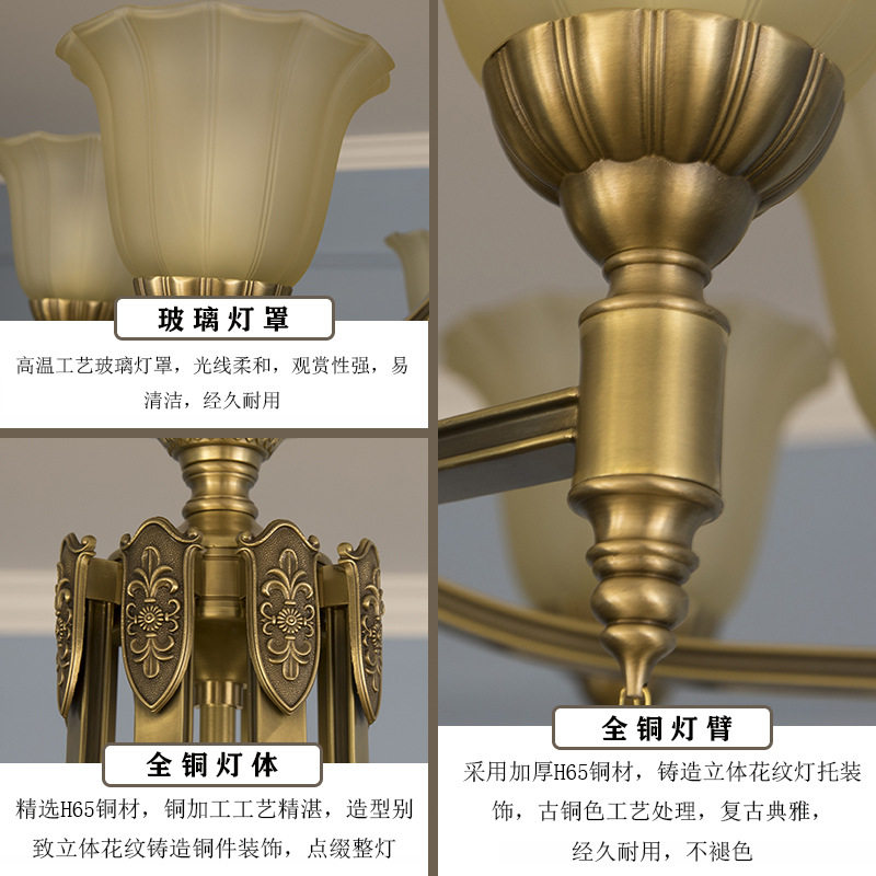 美式水晶客厅灯欧式大气豪华别墅复式楼餐厅卧室玻璃灯罩全铜吊灯_虎窝淘