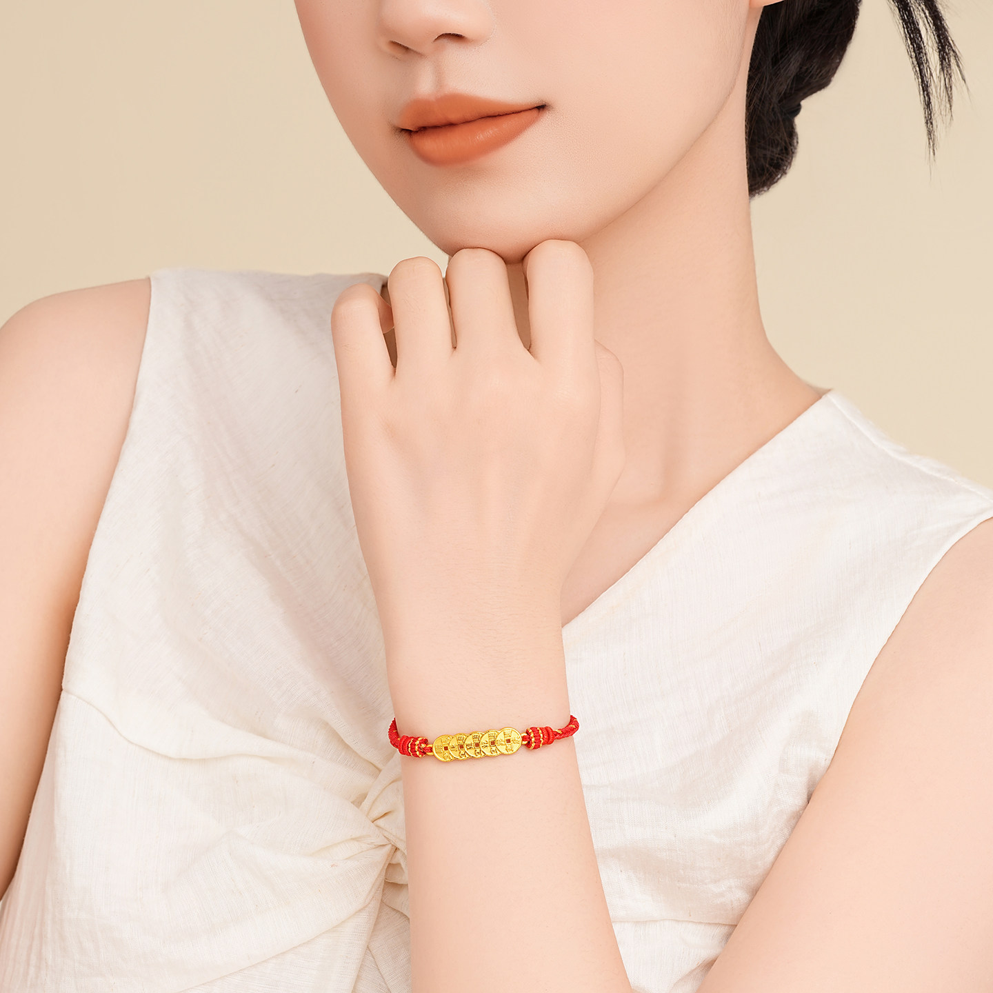 潮宏基好事发生宝护五帝钱币足金手链黄金手绳5D硬金红绳礼物女,淘宝优惠券,粉丝福利购,淘宝优惠卷