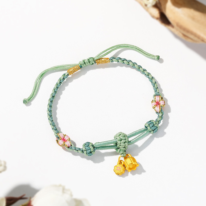 潮宏基铃兰花黄金手链足金手绳手串3D硬金珐琅送女友礼物