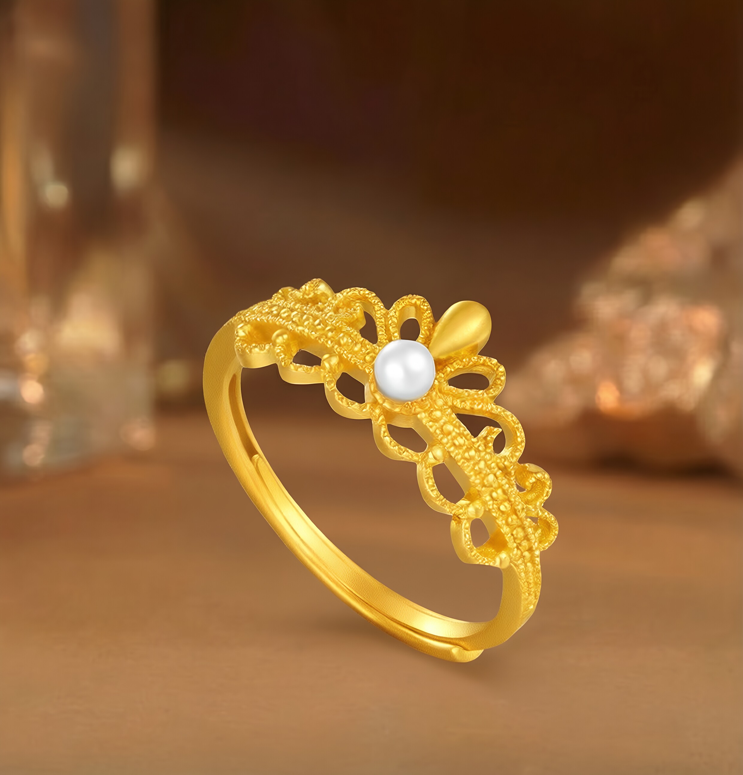 Chao Acer intangible cultural heritage filigree gold pearl ring pure gold ring hand ornament 5G lace high-end sense for women