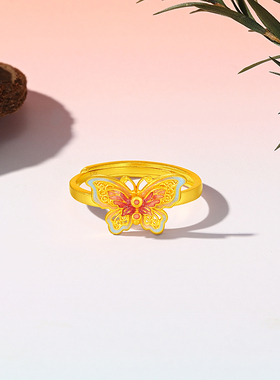 潮宏基足金蝴蝶戒指古法黄金