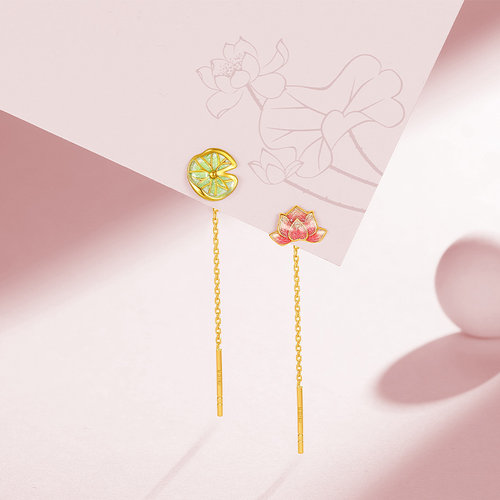 潮宏基花韵黄18K金耳线彩金荷花荷叶莲花耳饰耳钉礼物女单只 - 图1