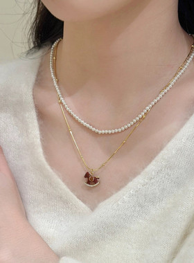 本命年新年红小马双层珍珠项链