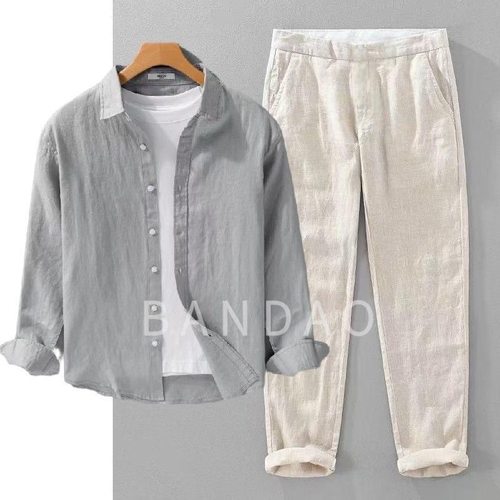 老钱风白色亚麻长袖衬衫男款夏季轻薄透气宽松休闲防晒衬衣外套 - 图0