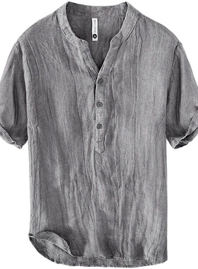 2025夏季新款休闲棉麻衬衫欧美男士简约亚麻短袖衬衣Men's Shirts