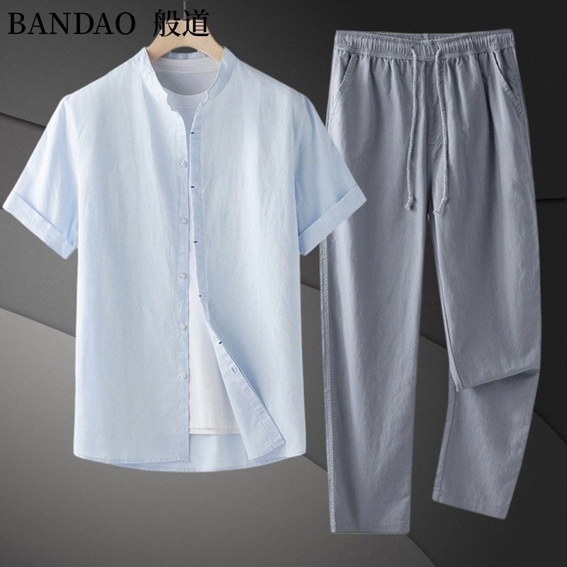 跨境亚马逊美式夏季立领短袖衬衫长裤男休闲亚麻沙滩度假休闲套装,淘宝优惠券,粉丝福利购,淘宝优惠卷