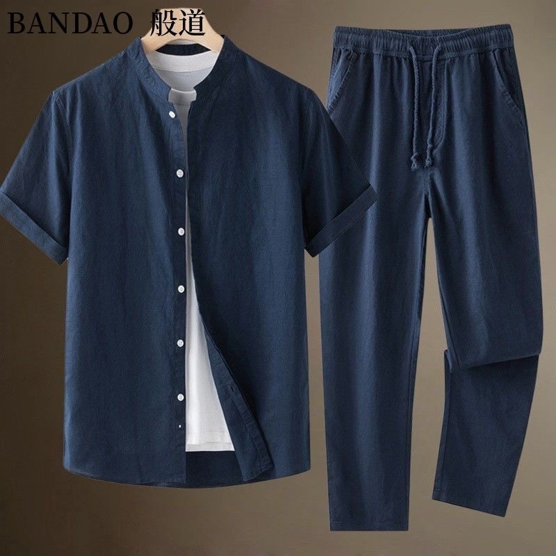跨境亚马逊美式夏季立领短袖衬衫长裤男休闲亚麻沙滩度假休闲套装,淘宝优惠券,粉丝福利购,淘宝优惠卷