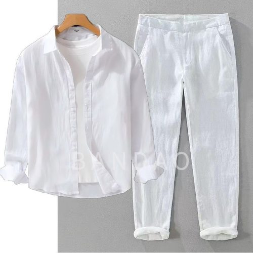 老钱风白色亚麻长袖衬衫男款夏季轻薄透气宽松休闲防晒衬衣外套 - 图3