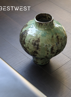 复古绿色花瓶景德镇陶瓷摆件大口径客厅插花装饰轻奢高级感小众