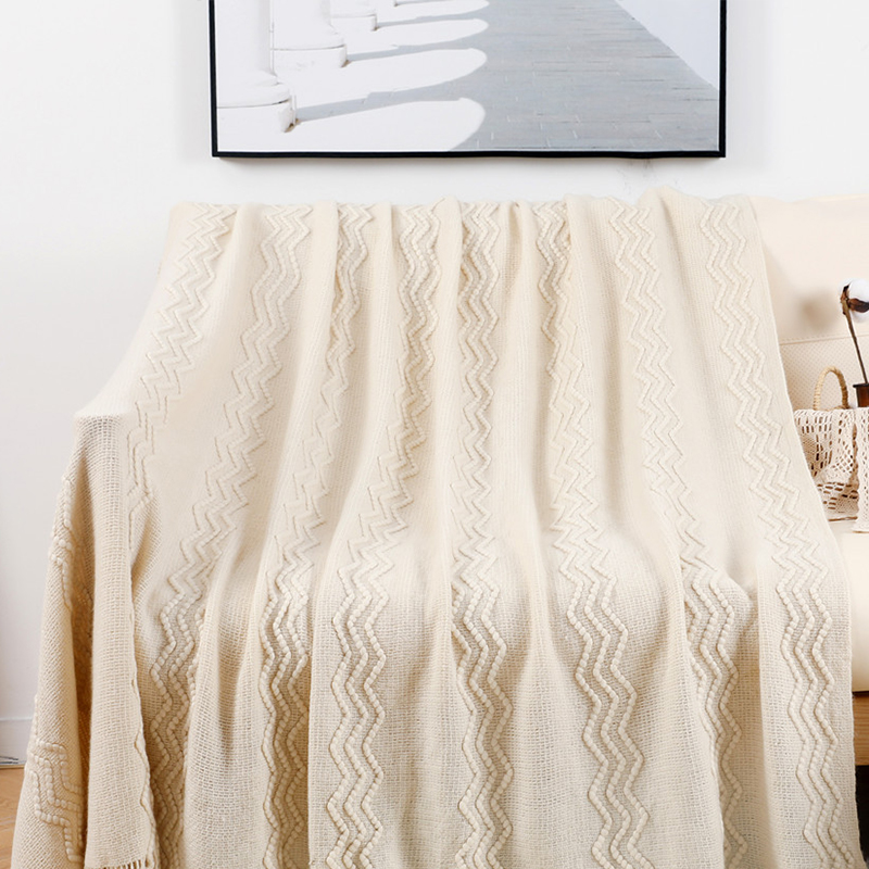 现代北欧风流苏卧室床尾毯样板间黄色软装客厅沙发盖毯波纹针织毯