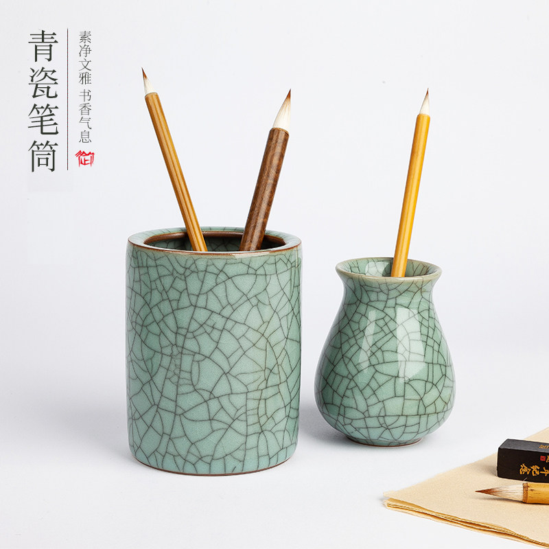 御宝阁中国风陶瓷多功能笔筒学生桌面复古创意文具收纳盒可爱简约大容量圆形毛笔筒笔桶办公桌摆件女ins时尚_虎窝淘