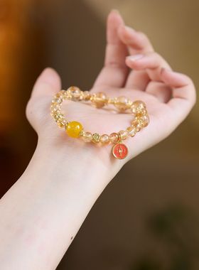 天然黄水晶手串金发晶黄塔晶黄阿塞国潮风转运手饰手链女串珠首饰
