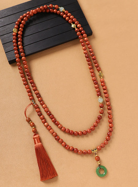 新中式国风花梨木斜挎链手工串珠禅意流苏项链长款毛衣链旗袍百搭