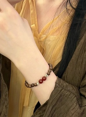 小红书同款天然金丝檀木搭配红玛瑙手串女生木质文玩男士转运佛珠