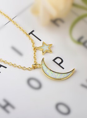Ins时尚欧美饰品白色星月项链进
