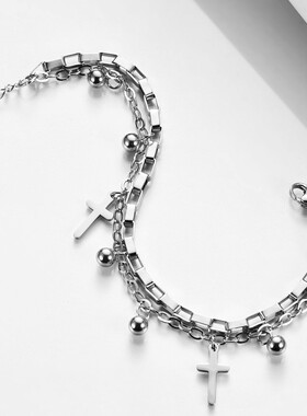 新款欧美ins不锈钢带链双层圆珠十字架手链18K金时尚百搭手环